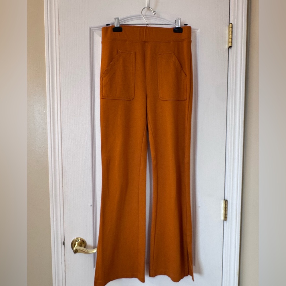 Maeve by Anthropologie Eve Ponte Flare Wide Leg Pants in Burnt Orange Small